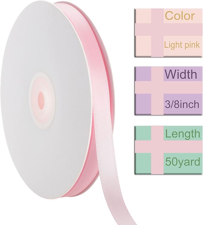 3/8 Inch Light Pink Ribbon, 50 Yards Craft Polyester Satin Ribbon Perfect - Image 2