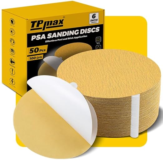 6-Inch 100-Grit Gold PSA Sanding Discs, 50 Pack – Pro-Grade Self-Adhesive by TPmax