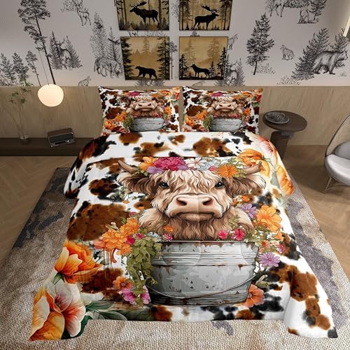 Highland Cattle Cup Comforter Set for Kids Adults,Retro Cow Skin Farmhouse Animal Soft Bedding Comforter Sets Twin,Watercolor Wild Flowers Rustic Style Quilt Comforter with 1 Pillowcase