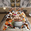 Highland Cattle Cup Comforter Set for Kids Adults,Retro Cow Skin Farmhouse Animal Soft Bedding Comforter Sets Queen,Watercolor Wild Flowers Rustic Style Quilt Comforter with 2 Pillowcases