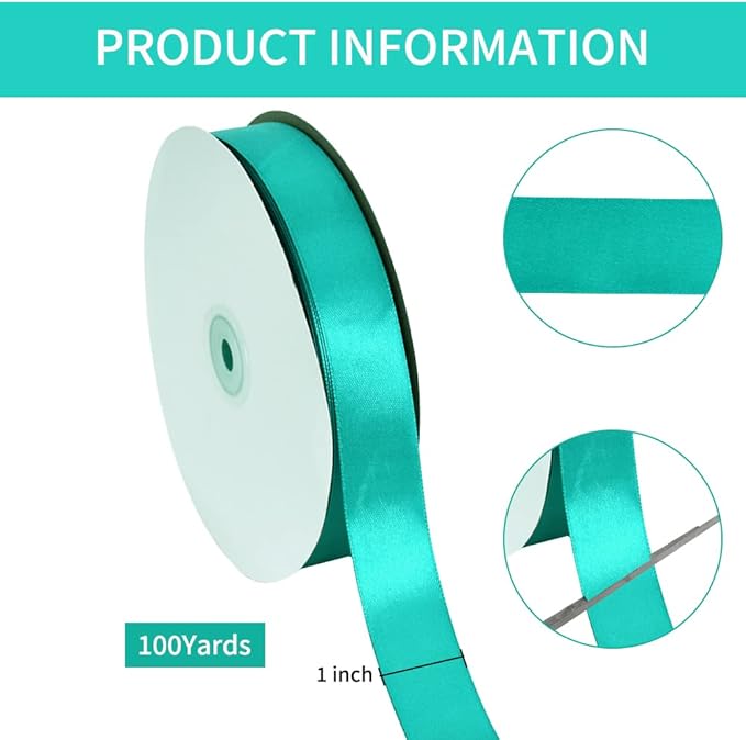 TONIFUL 1 Inch x 100yds Aqua Teal Blue Satin Ribbon, Thin Solid Color Satin - Image 2
