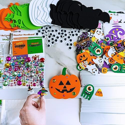 Winlyn 24 Sets Halloween Headbands Craft Kits Crown Art Sets Jack-o'-Lantern Candy Corns Ghost Monster Bat Paper Hat with Halloween Foam Stickers for Kids Halloween Classroom Activities Party Favors