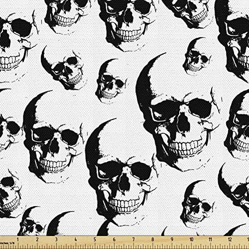 Lunarable Skull Fabric by The Yard, Skulls Pattern Monochrome Detailed Sketch Human Skeleton Head Fear Halloween Theme, Decorative Fabric for Upholstery and Home Accents, 1 Yard, White Black