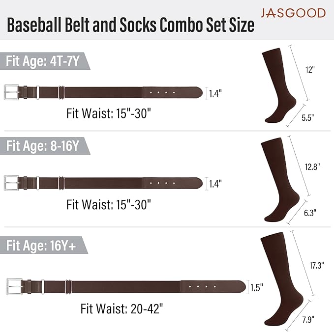 Baseball Socks and Belt for Youth Adult Softball Socks Combo Elastic Waist Belt for Men Kids Boys Girls Women JASGOOD