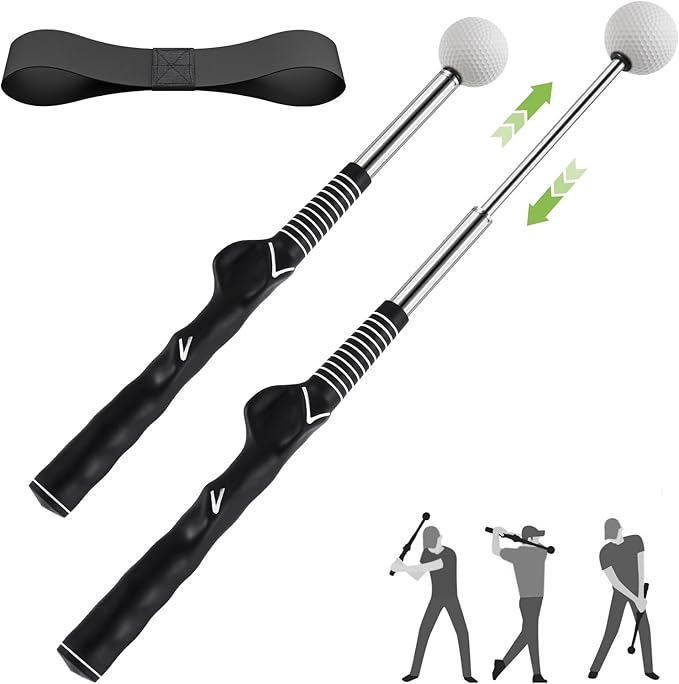 MIKOSI Retractable Golf Swing Trainer, Golf Grip Trainer and Golf Training Aid for Chipping Hitting & Grip Correction, Golf Swing Practice Stick with Arm Band for Right/Left-Handed, Indoor/Outdoor