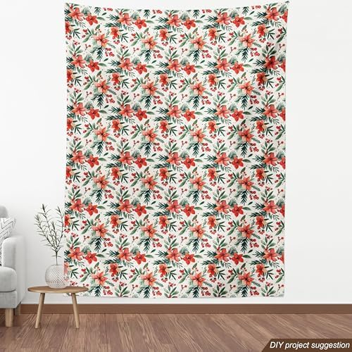 Lunarable Christmas Fabric by The Yard, Xmas Family Time Harmony and Love with Traditional Flowers Illustration, Decorative Fabric for Upholstery and Home Accents, 1 Yard, Vermilion Dark Green