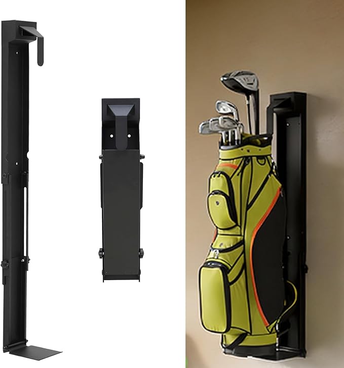 tonchean Wall Mount Golf Bag Storage Stand Stretchable Golf Bag Holder for Wall Foldable Golf Storage Organizer for Golfing Clubs, Home, Basement, Adjustable Range 33.4–42.5 Inch