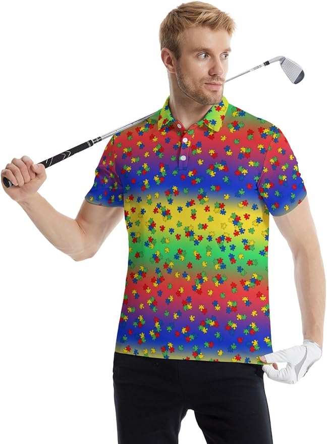 HUURAY Funny Golf Polos for Men Funny Print Short Sleeve Shirts Quick Dry Polo Shirts Hawaiian Shirt Performance Golf Outfits