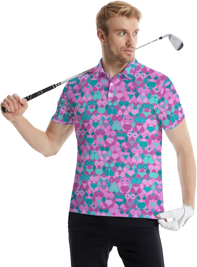 HUURAY Funny Golf Polos for Men Funny Print Short Sleeve Shirts Quick Dry Polo Shirts Hawaiian Shirt Performance Golf Outfits
