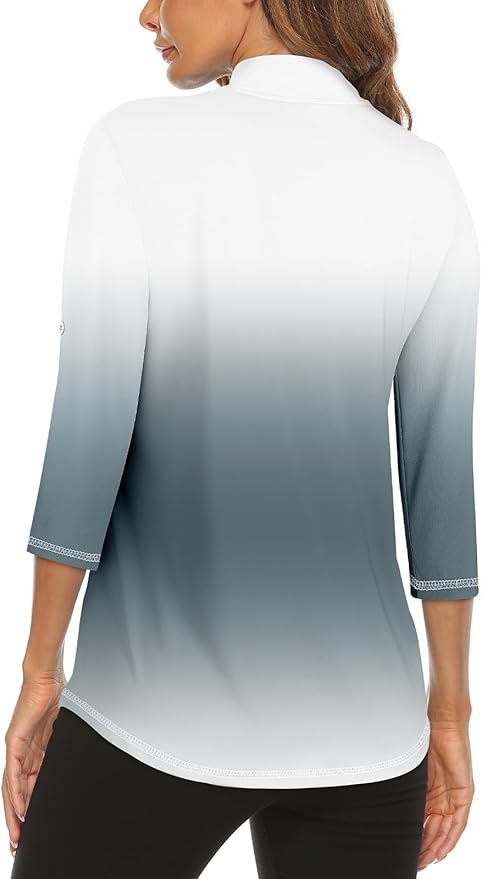 Koscacy Women's 3/4 Roll Sleeve Golf Tennis Polo Shirts UPF50+ Half Zip Dry Fit Workout Tops Athletic Shirt