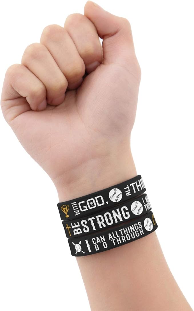Sainstone Power of Faith Baseball Bible Verse Silicone Wristbands with Christian Inspirational Sayings, Set 3 of Scriptures Motivational Rubber Bracelets Sports Gifts