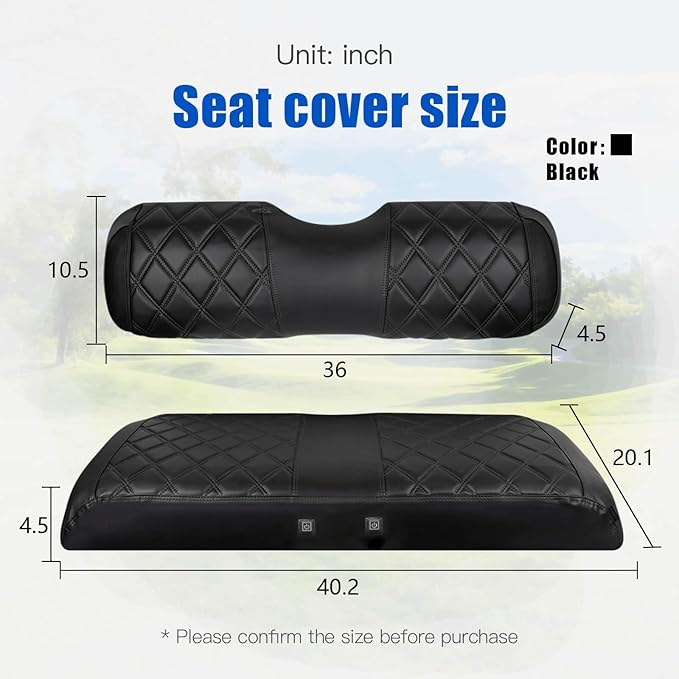 NOKINS Heated Golf Cart Seat Covers Kit - 3-Speed Heating, 5-Min Quick Warm-Up, 12V Power with Converter, Black and Black Stitching (Fits EZGO TXT 1994-2013/EZGO RXV OEM Standard Front Seat Cushion)