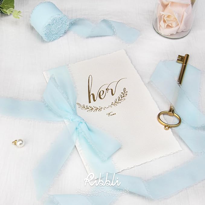 Ribbli Ice Blue Chiffon Silk Ribbon, 1-1/2 inch x 20 Yard, Handmade Fringe - Image 4