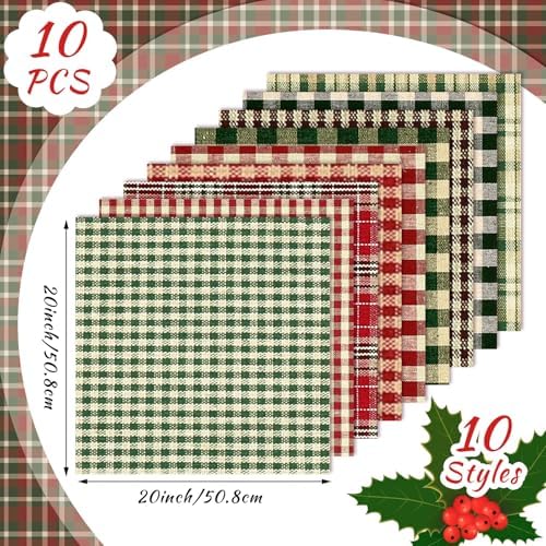 Hahafelt 10 Pcs Christmas Red Green Buffalo Plaid Fabric Bundles 20 x 20in