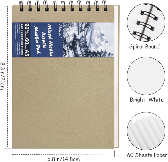 8.3x5.8 Sketch Book, Top Spiral Bound Sketch Pad, 60sheets 92lb/150gsm Bright - Image 2