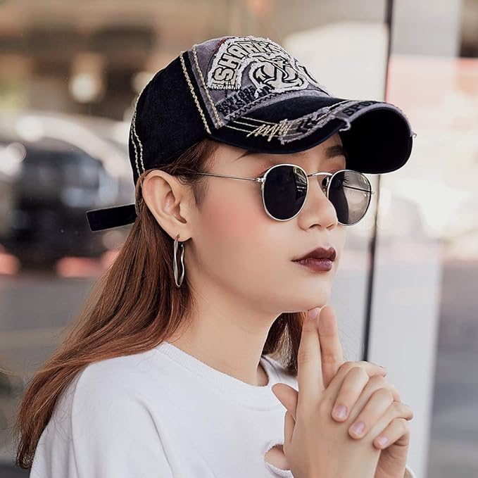 Elwow Men's Oilcloth Front Decor Washed Distressed Embroidery Baseball Cap Driver Trucker Hat with Eagle & Shark Patch