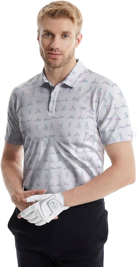 HUURAY Funny Golf Polos for Men Funny Print Short Sleeve Shirts Quick Dry Polo Shirts Hawaiian Shirt Performance Golf Outfits