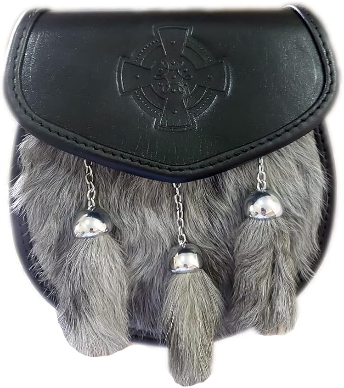 BBI LTD Celtic Embossed Semi Dress Scottish Highland Kilt Sporran 3 Tassels With Chain Belt