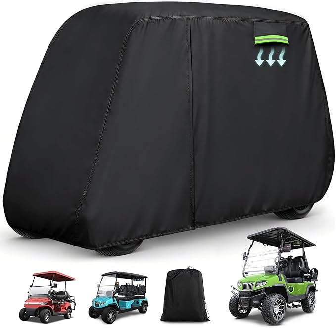 Waterproof Golf Cart Cover 4 Passenger for Yamaha/Cushman/Evolution/Tomberlin/ICON/Star EV, Heavy Duty Sun Rain Dust Protection 2+2/4 Passenger Golf Cart Cover with Soft Cotton Lining & Door Zipper-L