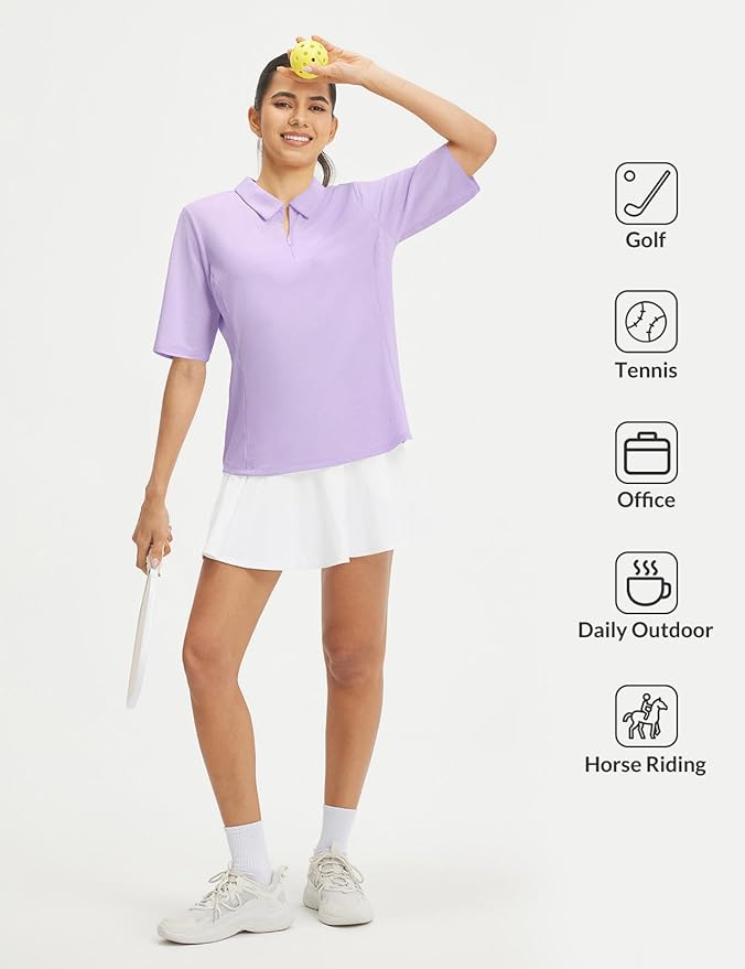 baleaf Women's Golf Shirts Half Sleeve Elbow Length Sleeves Polo Tops Workout Athletic Collared Quarter Zip V Neck UPF
