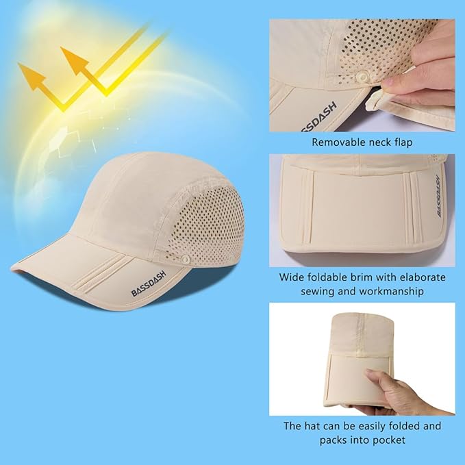 BASSDASH UPF 50+ Foldable Fishing Hat Baseball Cap with Removable Neck Flap Portable for Men Women Golf Hiking