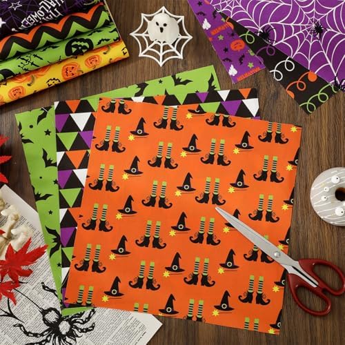 JarThenaAMCS 60Pcs Halloween Cotton Fabric Bundles 10 x 10 Inch Pumpkin Bat Ghost Black Cat Spider Web Precut Quilting Cotton Fabric Patchwork Squares for DIY Craft Sewing Party Decor