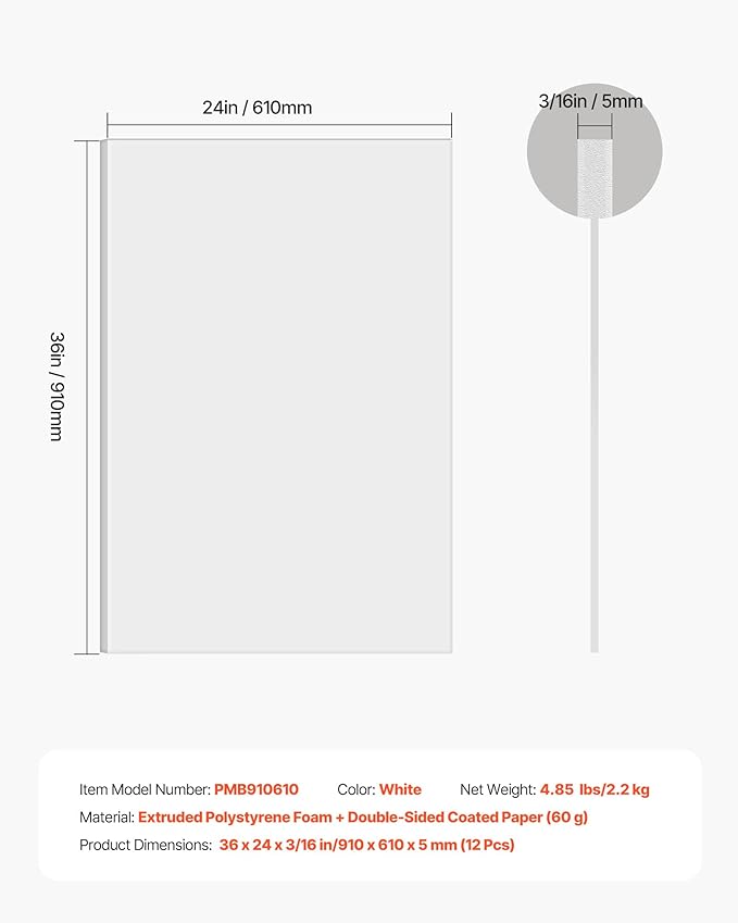 VEVOR Foam Board, 12 Pack 24 x 36 Inch, 3/16 Inch Thickness White Poster Board - Image 7