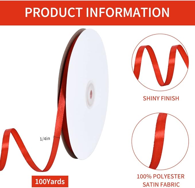 TONIFUL 1/4 Inch x 100yds Red Satin Ribbon, Thin Solid Color Satin Ribbon - Image 2