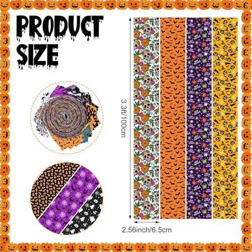 40 Pcs Halloween Fabric Strips Roll for Quilting Crafting 40 x 2.6 Inch Quilting Ghost Skull Pumpkin Candy Spider Bat Precut Patchwork for Sewing DIY Crafts Cotton Fabric Bundles