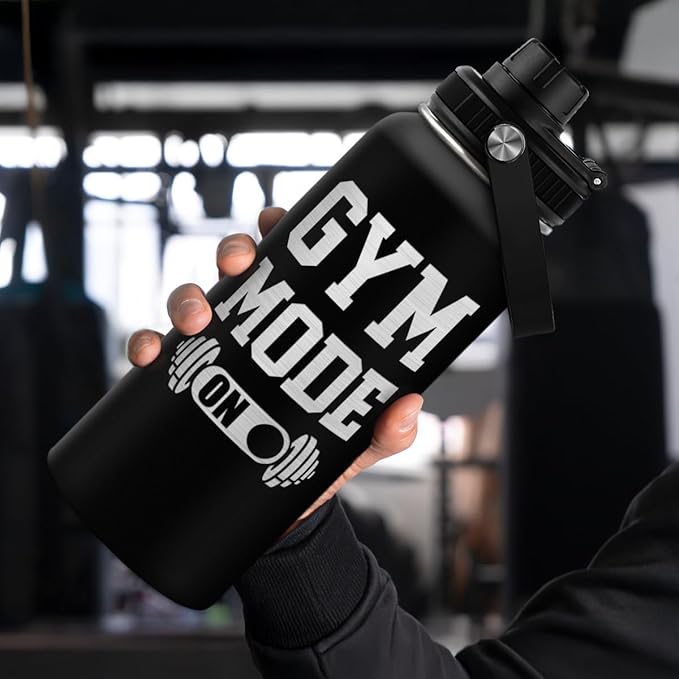 Gym Insulated Engraved Stainless Steel Water Bottle 32oz, Vacuum Chug Lid Travel Tumbler For Men Friends Dad Gymer Trainer, Gym Mode on, Birthday Christmas Father's Day