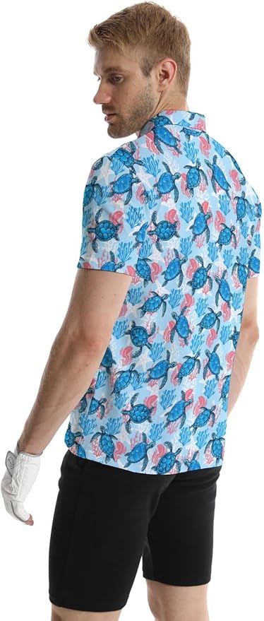 HUURAY Funny Golf Polos for Men Funny Print Short Sleeve Shirts Quick Dry Polo Shirts Hawaiian Shirt Performance Golf Outfits