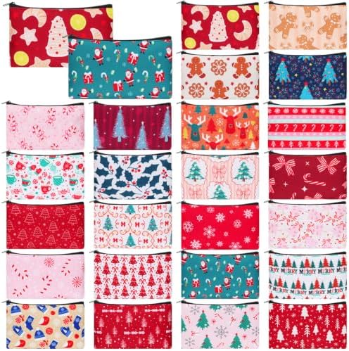 Meanplan 24 Pcs Christmas Makeup Bags Bulk Holiday Cosmetic Bag Gift