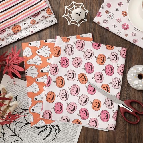 JarThenaAMCS 12 Pcs Ghost Floral Cotton Fabric Bundles 18 x 22 Inch Pumpkin Flower Fat Quarters Pink Black Holiday Sewing Fabrics for Halloween DIY Craft Party Decor