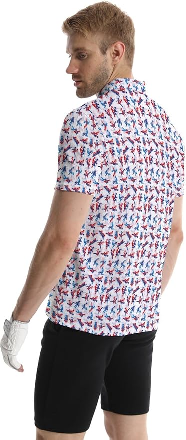 HUURAY Funny Golf Polos for Men Funny Print Short Sleeve Shirts Quick Dry Polo Shirts Hawaiian Shirt Performance Golf Outfits