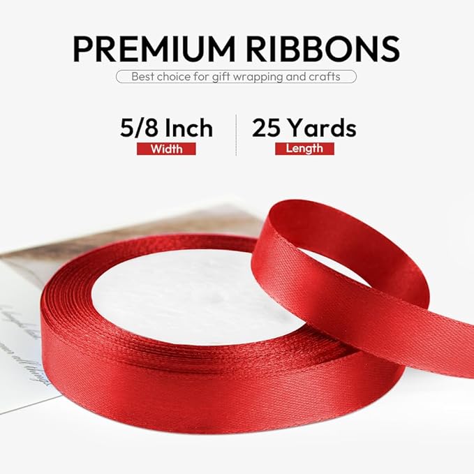 5/8 Inch 25 Yards Satin Ribbon Red, Solid Color Fabric Ribbon - Image 2