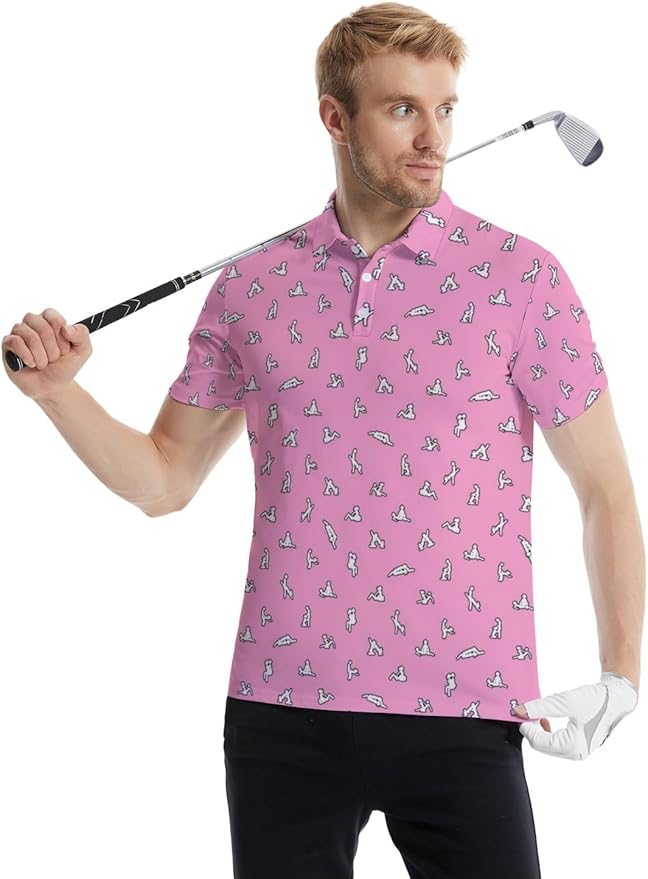 HUURAY Funny Golf Polos for Men Funny Print Short Sleeve Shirts Quick Dry Polo Shirts Hawaiian Shirt Performance Golf Outfits