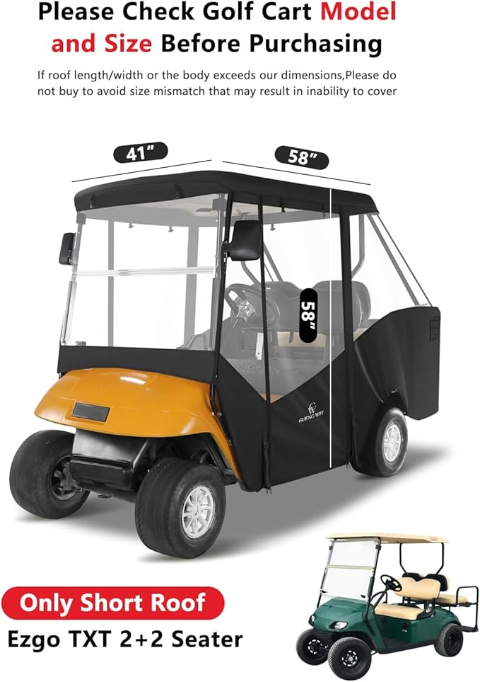 Golf Cart Enclosure 4 Passenger, Ezgo Golf Cart Cover for TXT Short Roof 2+2 Seater,Waterproof 600D Oxford Rain Cover Driving Enclosure,Roll Up 4-Sided Clear Windows&Door