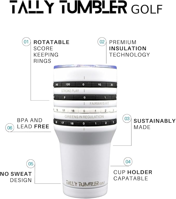 Tally Tumbler Golf Stainless Steel Cup, 30 oz Leak Proof Lid, Double Wall Insulation, Golf Tumbler with Score Keeping Counter used for strokes per hole, Greens in Regulation & Fairways Hit