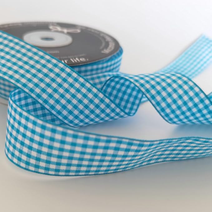 Micomon 1-Inch Vivid Blue and White Woven Edge Plaid Ribbon Polyester Gingham - Image 7