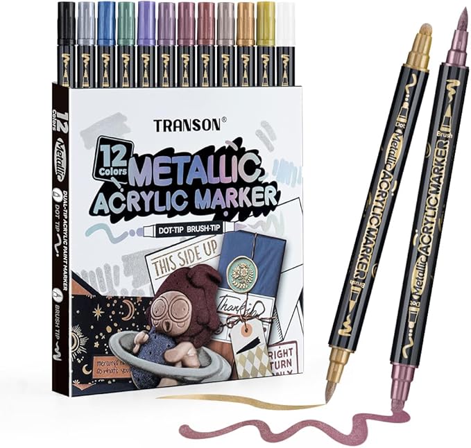 TRANSON 12Colors Metallic Paint Markers Bold and Brush Dual-tip by Transon