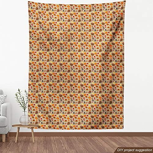 Lunarable Thanksgiving Fabric by The Yard, Happy November Holiday Pattern Cartoon Festivity on Retro Polka Dots, Decorative Fabric for Upholstery and Home Accents, 1 Yard, Black Brown