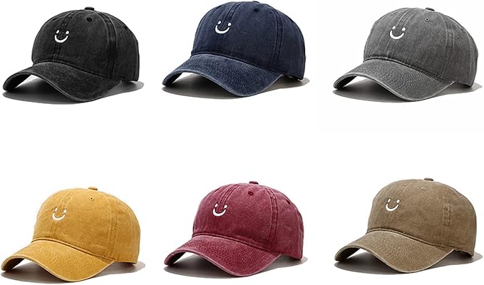 Smile Face Baseball Cap Vintage Distressed Low Profile Unstructured Cotton Dad Hat Adjustable for Women Men