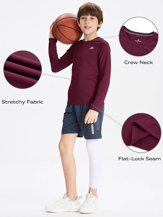 DEVOROPA Youth Boys Compression Shirt Long/Short Sleeve Football Baseball Undershirt Quick Dry Kids Sports Baselayer Crewneck