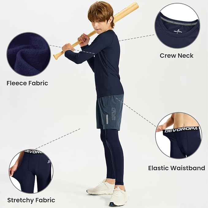 DEVOROPA Youth Boys Compression Thermal Shirt Long Sleeve Kids Fleece Baselayer Soccer Baseball Undershirt Slim/Regular/Husky