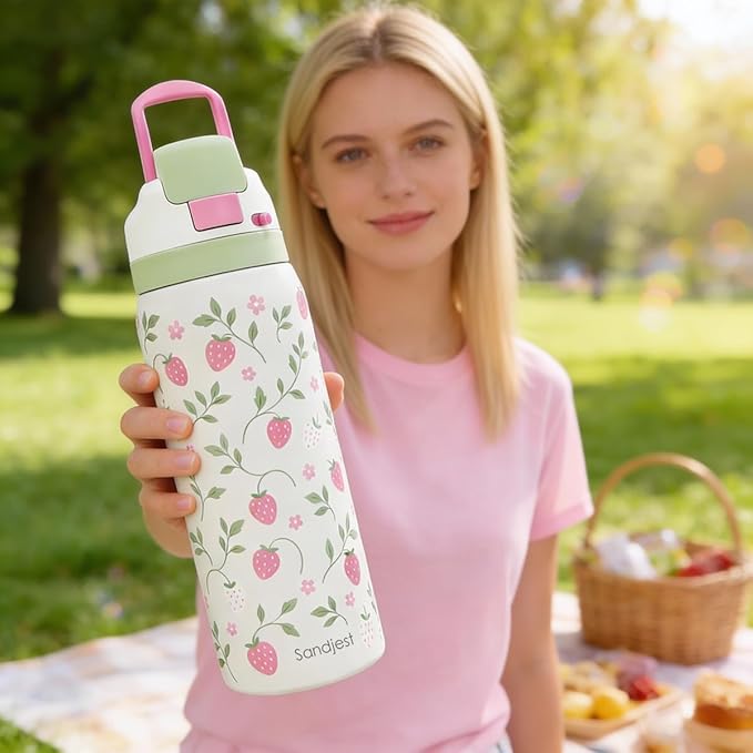 Strawberry Stainless Steel Water Bottle, Vacuum Insulated, Push-Button Lid, 32 oz, Gifts for Women Girls Friends Teens Birthday Christmas