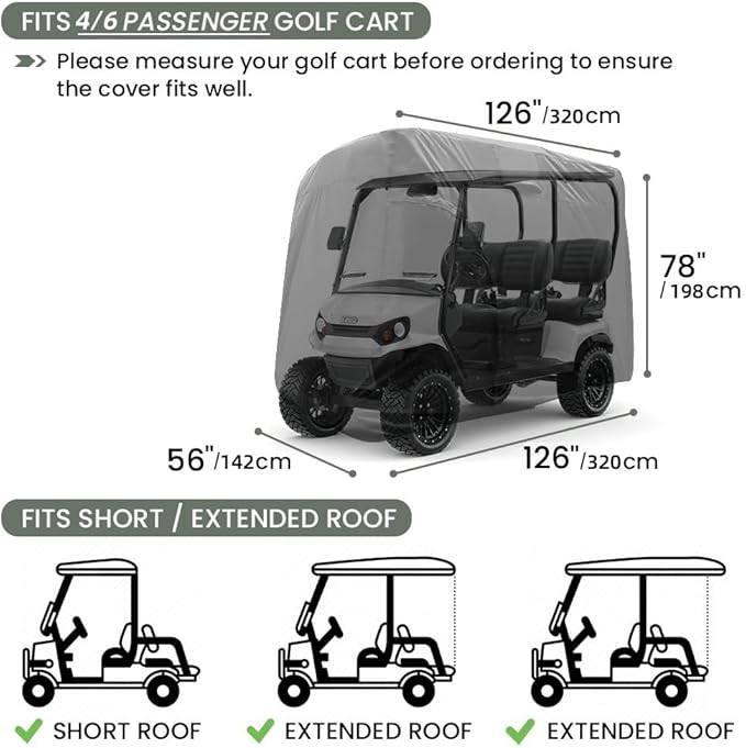 Golf Cart Cover 2/4/6 Passenger, All-Weather Protection Golf Cart Rain Covers, UV Resistant with Windproof Buckle Golf Cart Accessories (Fits for Club Car, for EZGO, for Yamaha)