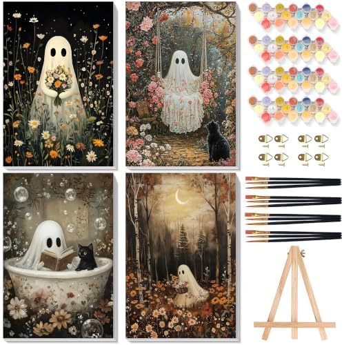 4 Pack Ghost Paint by Numbers for Adults with Framed Canvas - Wooden Easel