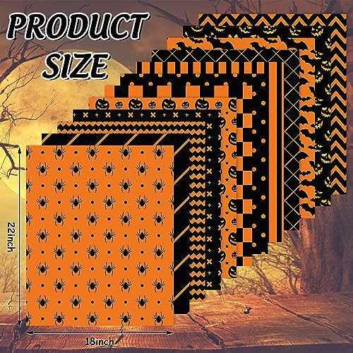 Whaline 12Pcs Halloween Cotton Fabric Bundles 18 x 22 Inch Spider Pumpkin Bat Plaid Stripe Dot Fat Quarters Orange Black Halloween Quilting Patchwork Squares Sewing Fabrics for DIY Craft Party Decor