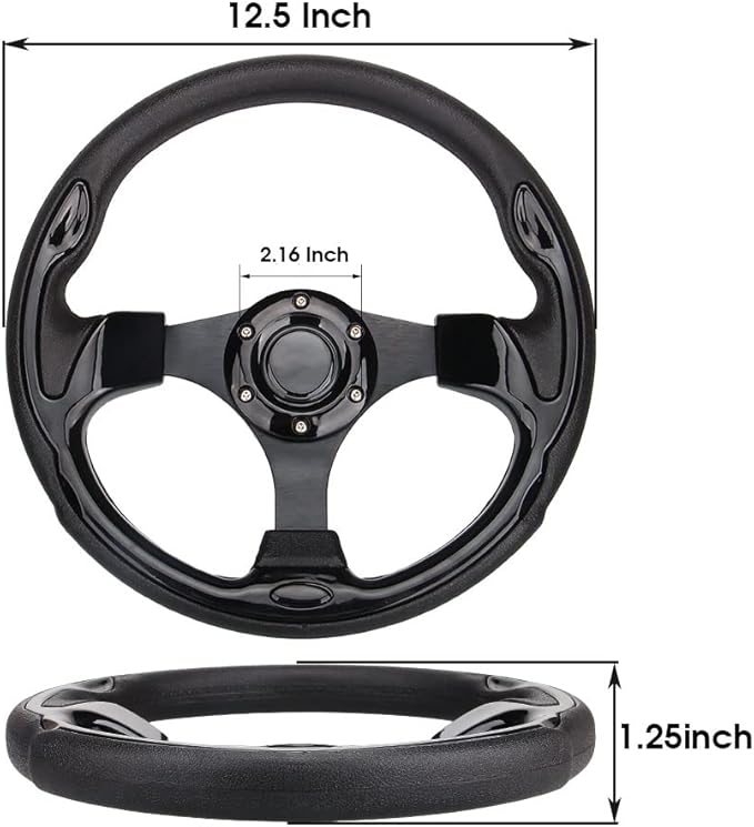 12.5inch Bright Black Golf Cart Steering Wheel with Ergonomic Design Universal Fit for Golf Cart Club Car EZGO RXV & TXT, Yamaha, Precedent Tempo, DS