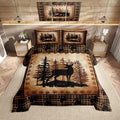Castle Fairy Deer Bear Plaid Comforter Set King Size,Animal Hunting Bear Print Bedding Set All Season Quilt Set,Pine Trees Rustic Retro Grid Microfiber Polyester Down Comforter